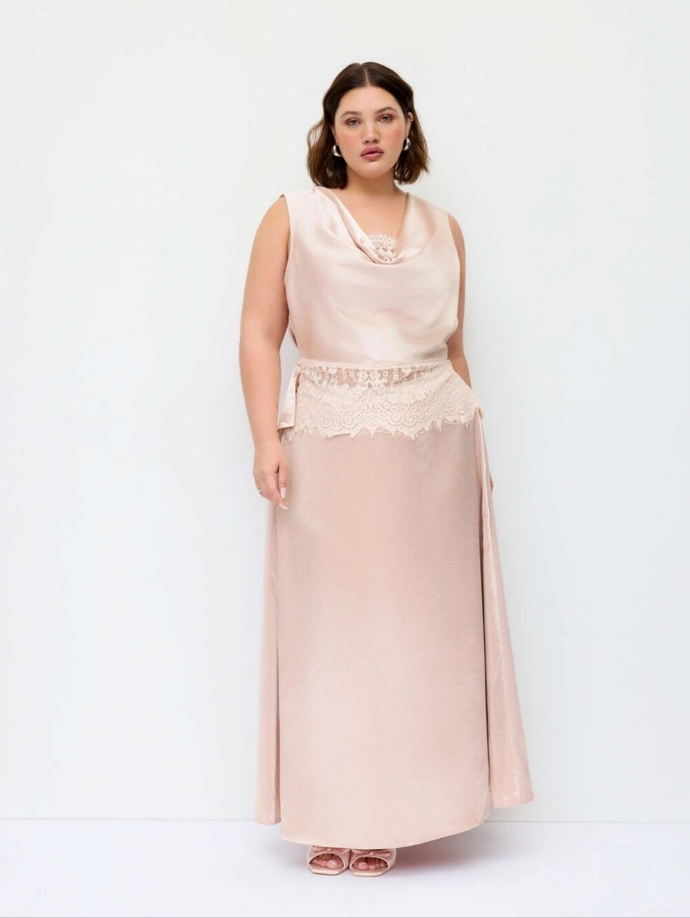 Cider Pink Blush Satin Skirt Blouse Set Lace Detail Zipper Enclosures NWT